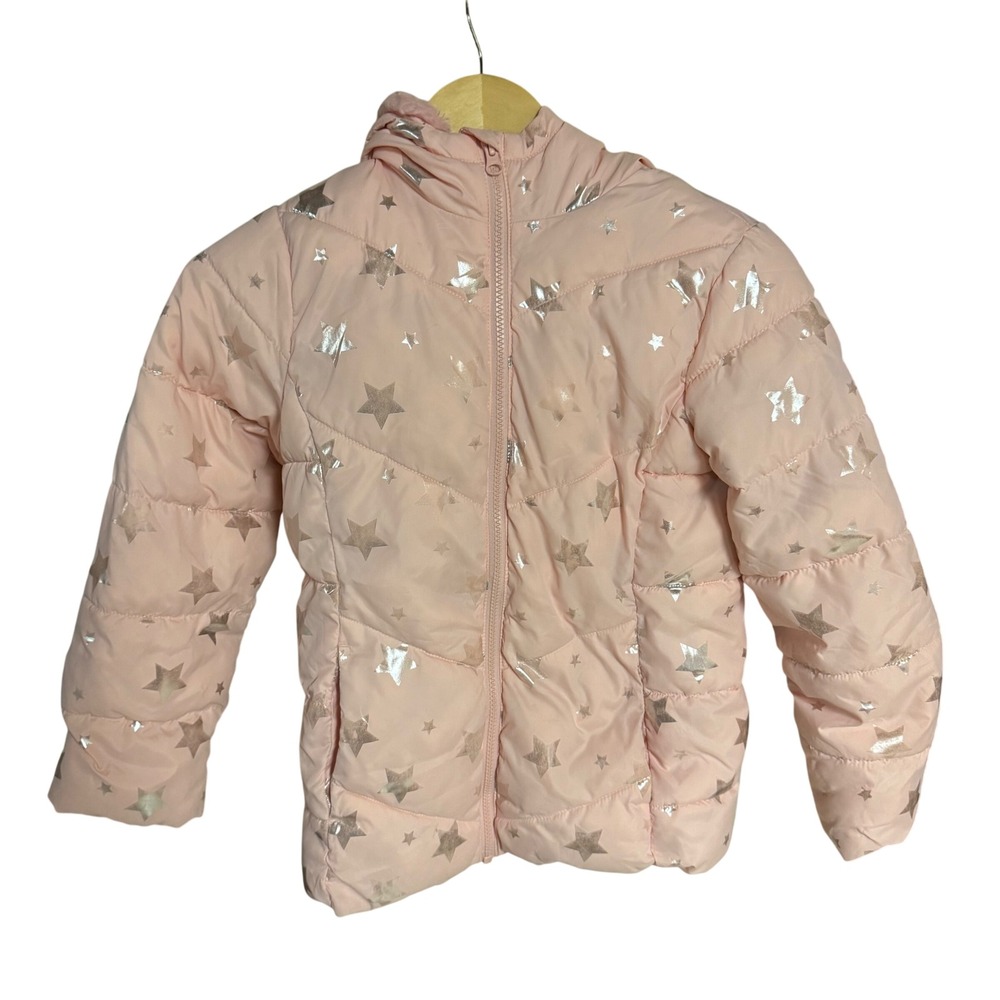 Swiss Tech Girls Pink Puffer Jacket Silver Stars Hooded Size‎ M (7-8)